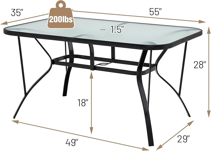 Giantex Patio Dining Table for for 4-6 Person, Outdoor Table with 1.5” Umbrella Hole, Rectangular Tempered Glass Tabletop, Sturdy Steel Frame, 55” x 35” x 28”