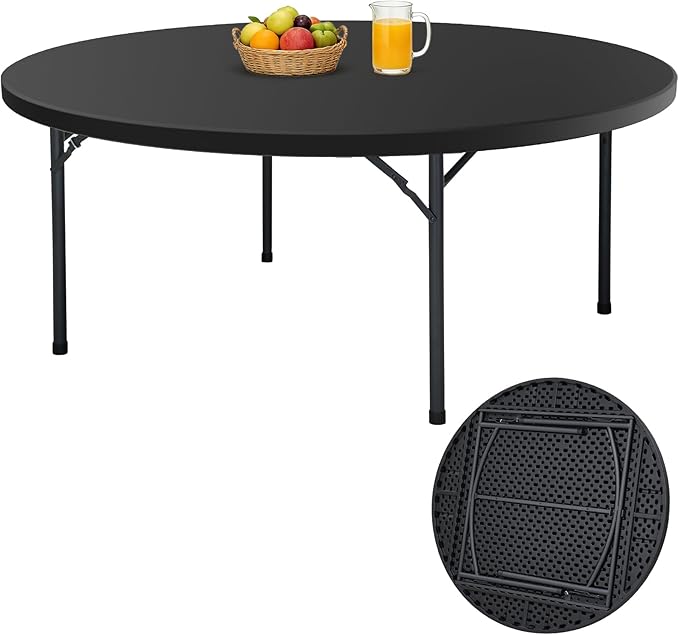 60" Folding Round Table, Plastic Dinner Table, Portable Folding Banquet Table for Living Room, Party or Outdoor Event, Black