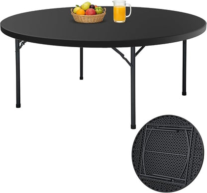 60" Folding Round Table, Plastic Dinner Table, Portable Folding Banquet Table for Living Room, Party or Outdoor Event, Black