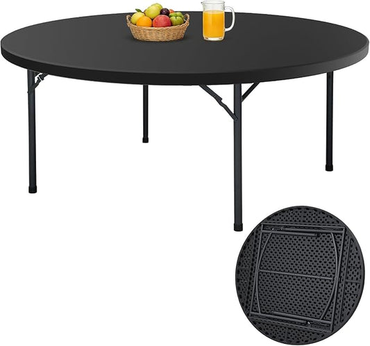 60" Folding Round Table, Plastic Dinner Table, Portable Folding Banquet Table for Living Room, Party or Outdoor Event, Black