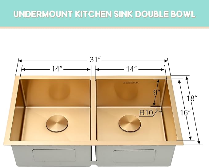 Double Bowl Gold Kitchen Sink 31" X 18",50/50 Double Bowl Undermount Kitchen Sinks,16 Gauge Stainless Steel Undermount Gold Sink