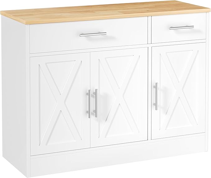Shintenchi 3 Doors Farmhouse Sideboard Buffet Cabinet,42" Barn Doors Buffet with Storage,Wood Coffee Bar Cabinet with Adjustable Shelf for Kitchen,Living Room,White