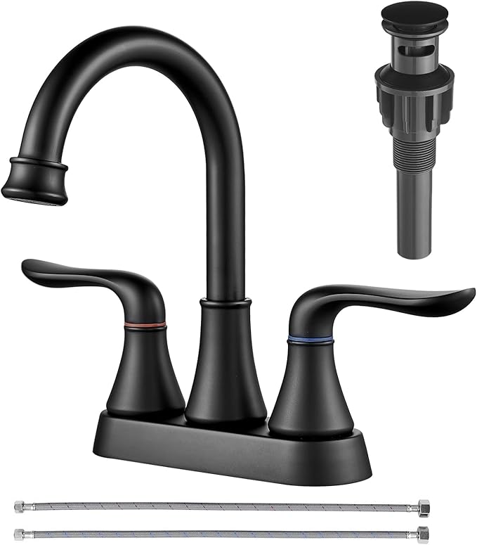 GENBONS Bathroom Faucets for Sink 3 Hole, 4 inch Matte Black with Pop-up Drain and 2 Supply Hoses 2 Handle Centerset Faucet for Sink Vanity