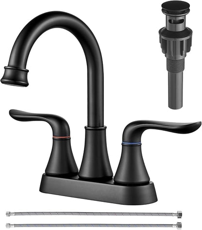 GENBONS Bathroom Faucets for Sink 3 Hole, 4 inch Matte Black with Pop-up Drain and 2 Supply Hoses 2 Handle Centerset Faucet for Sink Vanity
