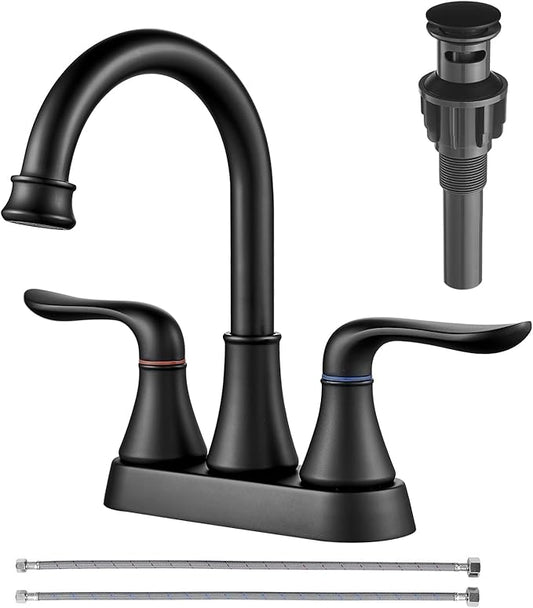 GENBONS Bathroom Faucets for Sink 3 Hole, 4 inch Matte Black with Pop-up Drain and 2 Supply Hoses 2 Handle Centerset Faucet for Sink Vanity