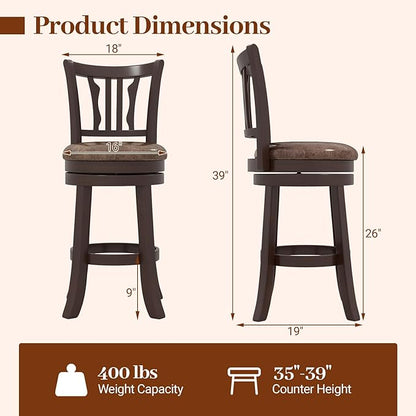 Giantex Swivel Bar Stools Set of 2, 26" Upholstered Counter Height Bar Chairs with Back, Faux Leather Seat, Solid Rubber Frame & Wrap-Around Footrest, Wooden Barstools for Kitchen Island, Pub