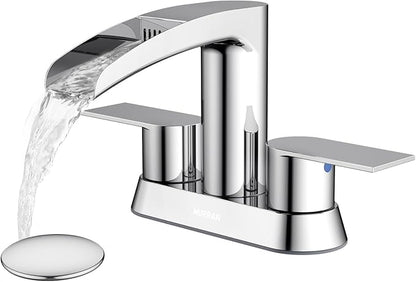 Bathroom Sink Faucet for 3 Hole, Hurran 4 Inch Bathroom Faucets with Pop-up Drain, Stainless Steel 2-Handle Waterfall Faucet for Bathroom Sink, Chrome