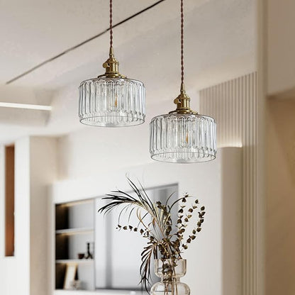 2-Pack Vintage Pendant Light Fixture Gold Pendant Lights Fixtures Clear Kitchen Island Ceiling Hanging Light Round Striped Glass Shade Farmhouse Antique Brass Hanging Pendant Lights