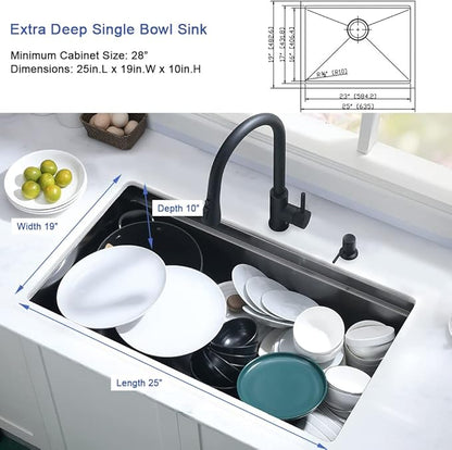 25 Inch Black Undermount Kitchen Sink Workstation-Hovheir 25x19 Black Stainless Steel Kitchen Sink Undermount 16 Gauge Deep Single Bowl Under Mount Sinks with Cutting Board