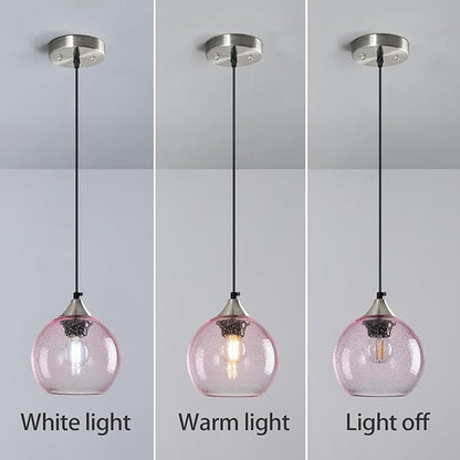 Pink Glass Pendant Lights Kitchen Island Globe Pendant Light Fixtures Modern Pendant Lighting for Bedroom Living Dining Room Light Fixture (5.9 in, 2 Pack)