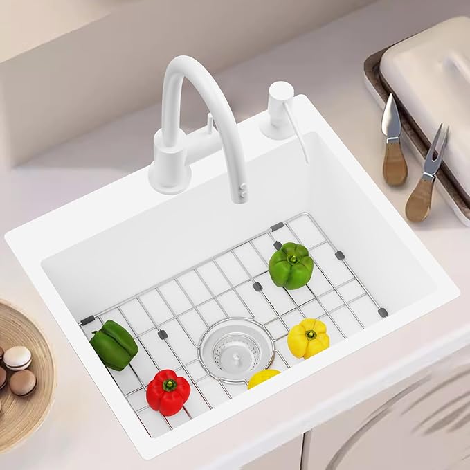 White 22x18In Kitchen And Bar Sink-Stainless Steel Drop In Single Bowl Topmount Kitchen&Bar Sink With SS Grid And Drain Assembly Clean&Bright White Bar Sink Enhance Aesthetic Appeal Of Modern Kitchen