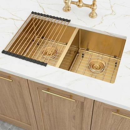 LQS Gold Kitchen Sink 31 Inch, Gold Double Kitchen Sink, Undermount Stainless Steel Sink 16 Gauge Top Grade, R10 Round Corner, X-Shaped Drain Line and Equipped with Roll-Up Dish Rack for Drying