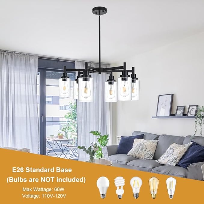 VINLUZ 6 Light Industrial Chandelier Black Pendant Lighting Hanging Fixture with Cylinder Clear Glass for Kitchen Bedroom Dining Room