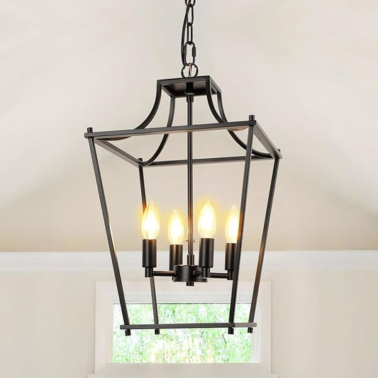 Black Lantern Pendant Light 4-Light Pendant Light Fixtures Hanging Farmhouse Chandelier with E12 Bulb Base, 12" Adjustable Lantern Light Fixture for Dining Room Kitchen Foyer