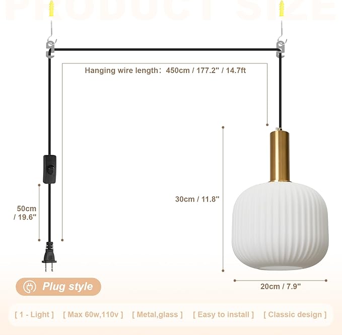 Plug in Pendant Light 2 Pack, Milk White Glass Hanging Light Plug in, Modern Plug-in Pendant Lighting with On/Off Switch, Mid Century Hanging Lamp for Kitchen Island Bedroom Hallway