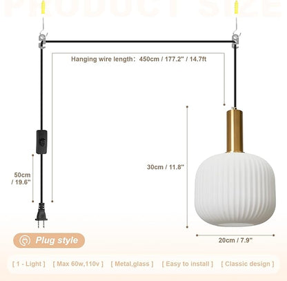 Plug in Pendant Light 2 Pack, Milk White Glass Hanging Light Plug in, Modern Plug-in Pendant Lighting with On/Off Switch, Mid Century Hanging Lamp for Kitchen Island Bedroom Hallway