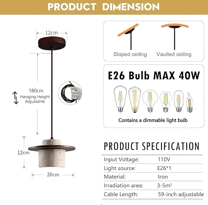 Japanese Wabi sabi Pendant Light with Natural Stone Shade, Dimmable Modern Wood Hanging Lamp Fixture, Adjustable Height Pendant Lamp for Bedroom, Kitchen Island, Dining Room, Restaurant, Cafe, Bar (C)