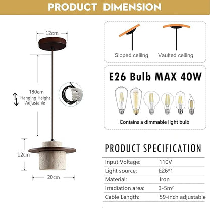 Japanese Wabi sabi Pendant Light with Natural Stone Shade, Dimmable Modern Wood Hanging Lamp Fixture, Adjustable Height Pendant Lamp for Bedroom, Kitchen Island, Dining Room, Restaurant, Cafe, Bar (C)