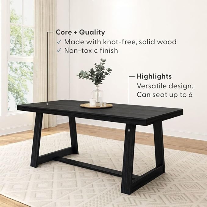 Plank+Beam 72 Inch Farmhouse Dining Table, Solid Wood Rustic Kitchen Table, Large Wooden Rectangular Dinner Table for Dining Room, Home Office, Living Room Furniture, Easy Assembly, Black Wirebrush
