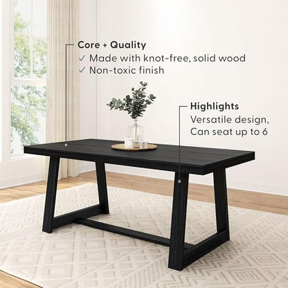 Plank+Beam 72 Inch Farmhouse Dining Table, Solid Wood Rustic Kitchen Table, Large Wooden Rectangular Dinner Table for Dining Room, Home Office, Living Room Furniture, Easy Assembly, Black Wirebrush