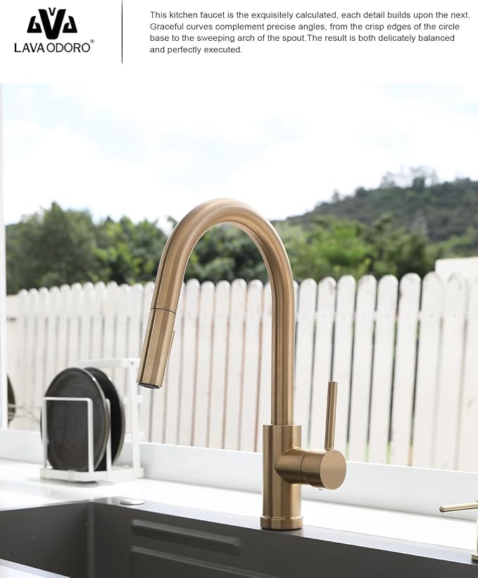 Lava Odoro Champagne Gold Kitchen Faucet with Pull Down Sprayer, Modern Kitchen Sink Faucet Single Hole Gold Faucet for Kitchen Sink with 2-Function Spray Head, Deck Plate Included, KF1120-CB