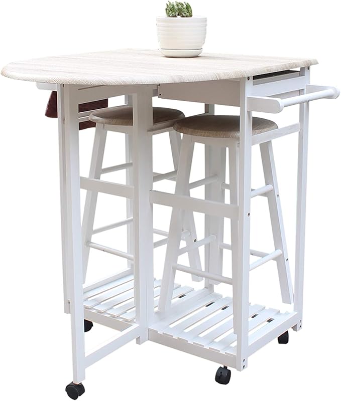 LLS Foldable Dining Table Set, Kitchen Island Drop-Leaf Breakfast Cart with 2 Stools and 2 Drawers, Solid Wood Rolling Kitchen Cart with Hand Pushing Handle for Dining Room Home, White