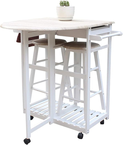LLS Foldable Dining Table Set, Kitchen Island Drop-Leaf Breakfast Cart with 2 Stools and 2 Drawers, Solid Wood Rolling Kitchen Cart with Hand Pushing Handle for Dining Room Home, White
