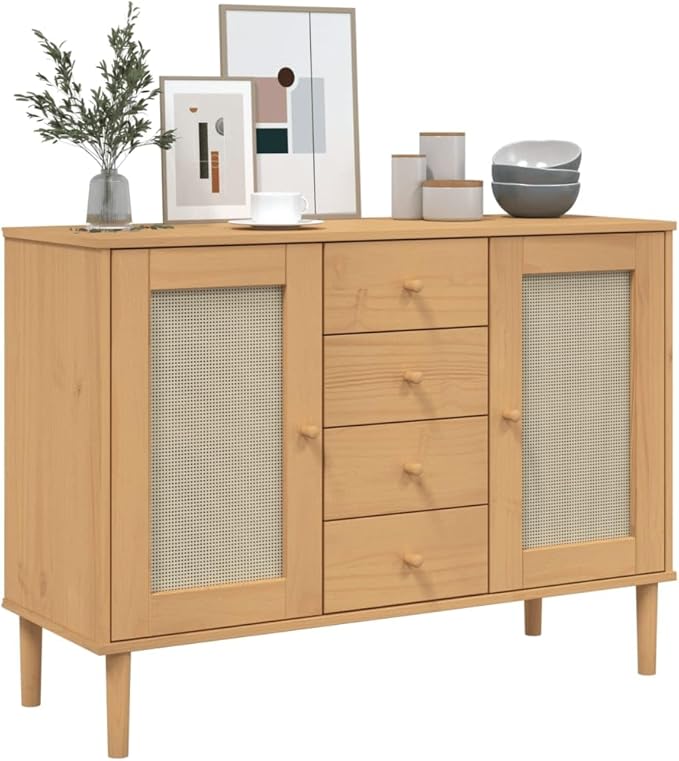 Brown Solid Pine Wood Sideboard, Engineered Wood Rattan Look Buffet Cabinet with 4 Drawers, 2 Sliding Doors, 44.1" Wide for Living Room, Dining Room Kitchen Furniture