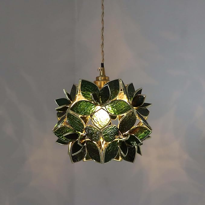 Bieye L11039 Petals Tiffany Style Stained Glass Ceiling Pendant Light for Home Decoration (Textured Deep Green, 8" Rose Lily)