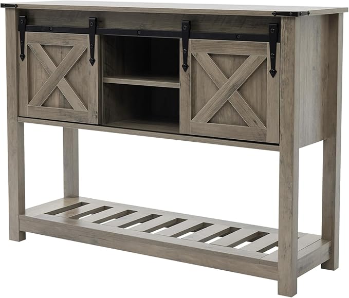 Entryway Table with Storage, Farmhouse Buffet Cabinet Coffee Bar Kitchen Island with Sliding Barn Doors & Shelves, Console Table for Kitchen, Dining Room, Living Room, Grey