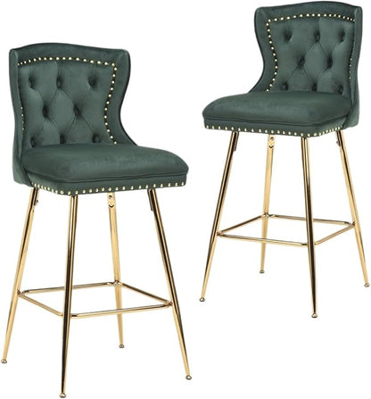Luxurious Velvet Counter Height Bar Stools Set of 2 with Metal Legs, Button Tufted, Nailheads Trim, Wing-Back Bar Chairs for Kitchen Island Dining Room Pub(Green)