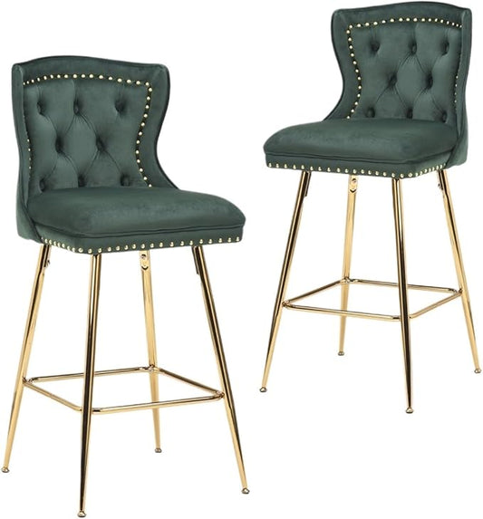 Luxurious Velvet Counter Height Bar Stools Set of 2 with Metal Legs, Button Tufted, Nailheads Trim, Wing-Back Bar Chairs for Kitchen Island Dining Room Pub(Green)