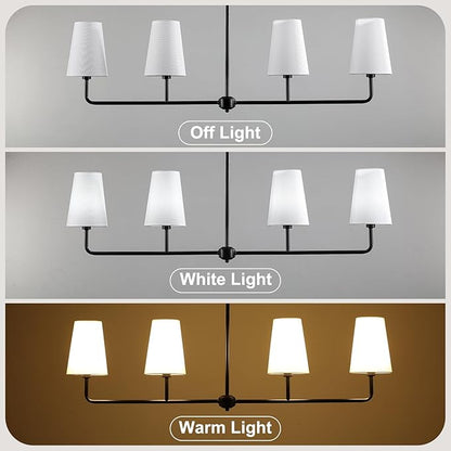 Black Linear Chandelier Modern Farmhouse Kitchen Island Light Fixture Classic 4 Light Chandeliers with White Linen Shades Over Dining Table