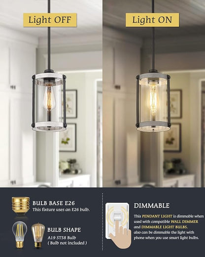 Farmhouse Pendant Light Fixtures, 1-Light Rustic Oak White Pendant Light Fixtures, Mini Glass Hanging Lighting with Rod for Kitchen Island Bar Bedroom, Adjustable Length, OS-3015