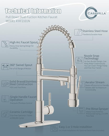 Kitchen Faucet with Soap Dispenser,Single Handle Faucet for Camper Farmhouse RV Kitchen Sink,Spring Kitchen Sink Faucets with Pull Down Sprayer and Deck Plate,Dual Function Spray Head,Brushed Nickel