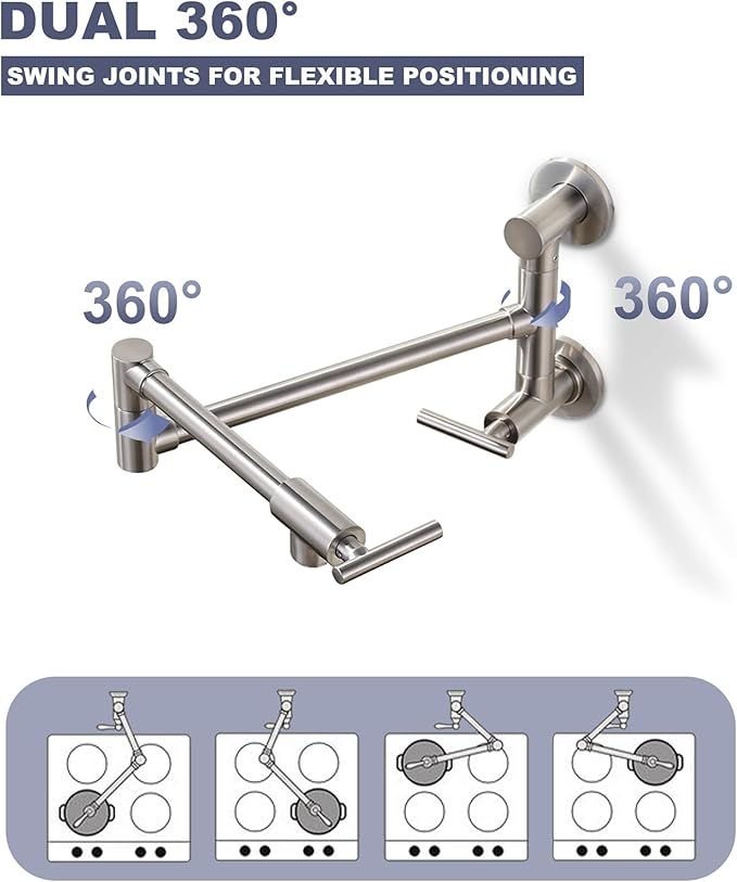 Pot Filler Faucet Brushed Nickel: WOWOW Single Hole Wall Mount Stove Faucet, Brass Pot Filler Two Attachment with Double Joint Swing Arms