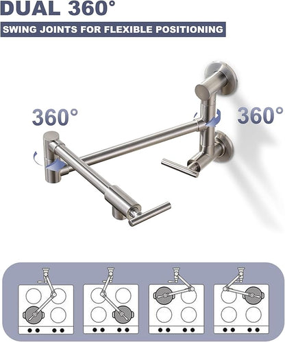 Pot Filler Faucet Brushed Nickel: WOWOW Single Hole Wall Mount Stove Faucet, Brass Pot Filler Two Attachment with Double Joint Swing Arms
