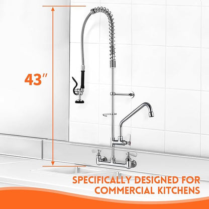 43" Height Commercial Kitchen Sink Faucet Wall Mount with Pre-Rinse Sprayer, 8 inch Center Wall Mount Faucet with Spring Pull Down Sprayer and 12" Add-on Spout for Restaurant