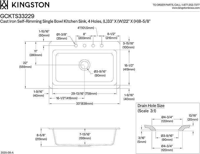 Gourmetier GCKTS33229 Towne 33-Inch Cast Iron Drop-In Kitchen Sink, 4-Hole, White