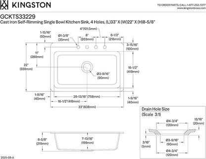 Gourmetier GCKTS33229 Towne 33-Inch Cast Iron Drop-In Kitchen Sink, 4-Hole, White
