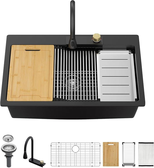 Sarlai Waterfall Kitchen Sink - 33 Inch Drop In Granite Composite Sink 33x22 Inch Topmount Workstation Sink Matte Black Kitchen Sinks Quartz Single Bowl Multifunction Sinks with Waterfall