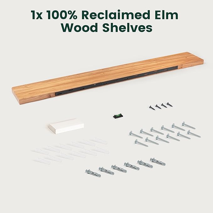 55 Inch Flat Edge Floating Shelves, 8 Inch Deep Solid Elm Wood Wall Shelf, Heavy-Duty Wall Mounted Shelf with Invisible Brackets for Living Room, Bathroom, Kitchen, Set of 1, Natural Color