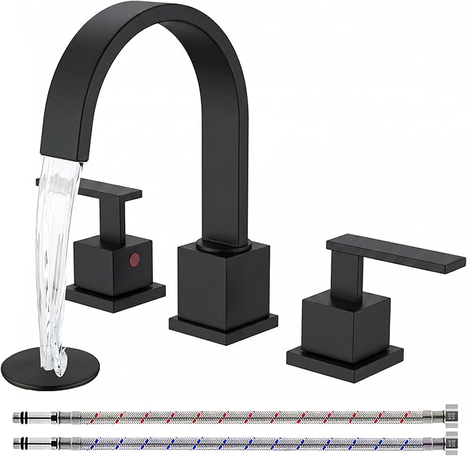 KINGO HOME Matte Black Bathroom Faucet, Black Faucet Bathroom 3 Hole 8inch Widespread Waterfall 2 Handle Black Faucets Bathroom Sink Vanity Faucet with Pop Up Drain and Supply Lines