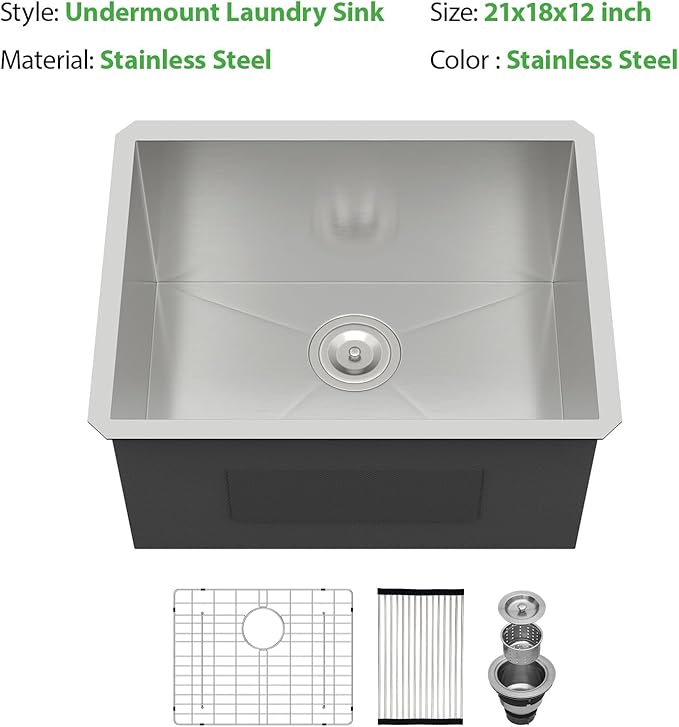 21 Inch Undermount Laundry Sink Utility 16 Gauge Stainless Steel Single Bowl 12 Inch Deep Under Counter Handmade Kitchen Sink Basin 21"x18"x12"