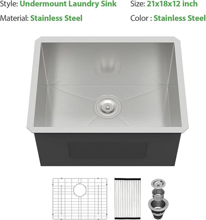 21 Inch Undermount Laundry Sink Utility 16 Gauge Stainless Steel Single Bowl 12 Inch Deep Under Counter Handmade Kitchen Sink Basin 21"x18"x12"
