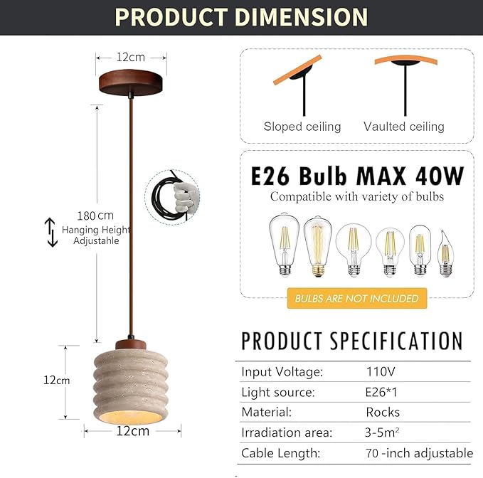 Japanese Wabi sabi Pendant Light with Natural Stone Shade, Dimmable Modern Wood Hanging Lamp Fixture, Adjustable Height Pendant Lamp for Bedroom, Kitchen Island, Dining Room, Restaurant, Cafe, Bar (L)