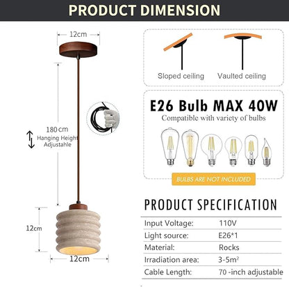 Japanese Wabi sabi Pendant Light with Natural Stone Shade, Dimmable Modern Wood Hanging Lamp Fixture, Adjustable Height Pendant Lamp for Bedroom, Kitchen Island, Dining Room, Restaurant, Cafe, Bar (L)