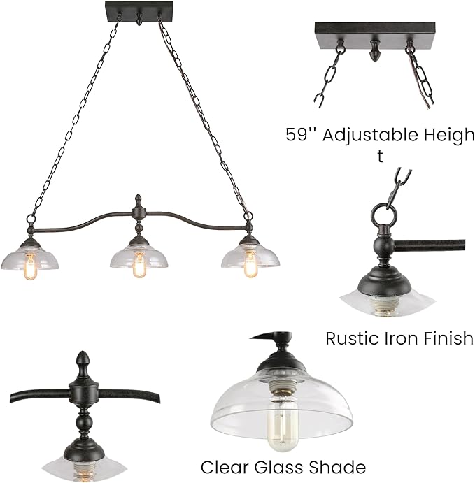 KSANA Black Farmhouse Chandelier, 3-Light Modern Linear Kitchen Island Lighting with Clear Glass Shade, Rustic Island Pendant Lights Chandeliers Light Fixture for Dining Room & Kitchen