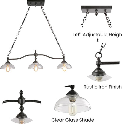 KSANA Black Farmhouse Chandelier, 3-Light Modern Linear Kitchen Island Lighting with Clear Glass Shade, Rustic Island Pendant Lights Chandeliers Light Fixture for Dining Room & Kitchen