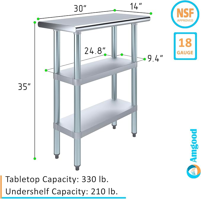Stainless Steel Work Table with 2 Shelves | Kitchen Island Food Prep | Laundry Garage Utility Bench | NSF Certified (30" Long x 14" Deep)